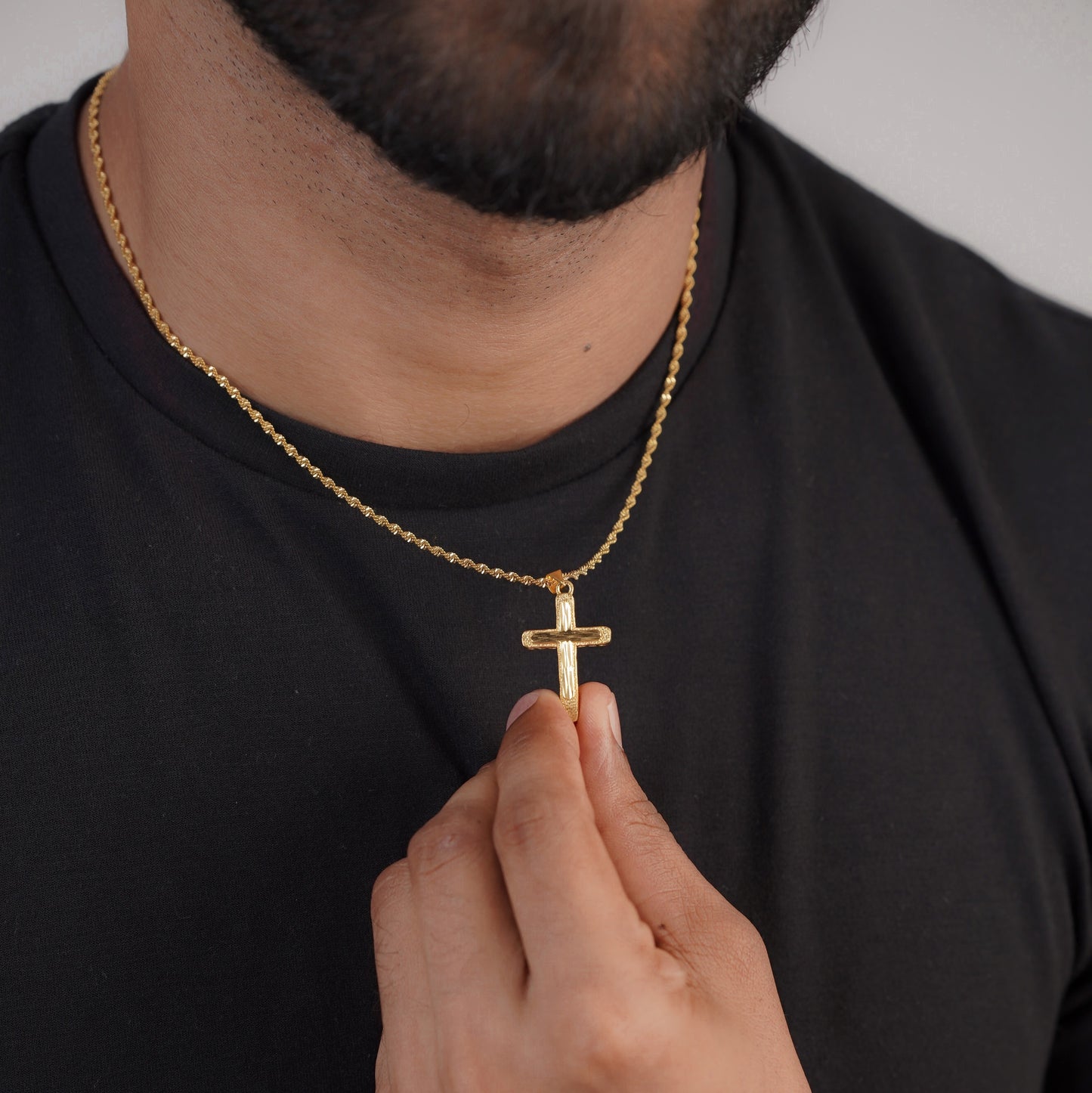 gold-plated rope chain necklace with a classic cross pendant, designed for men