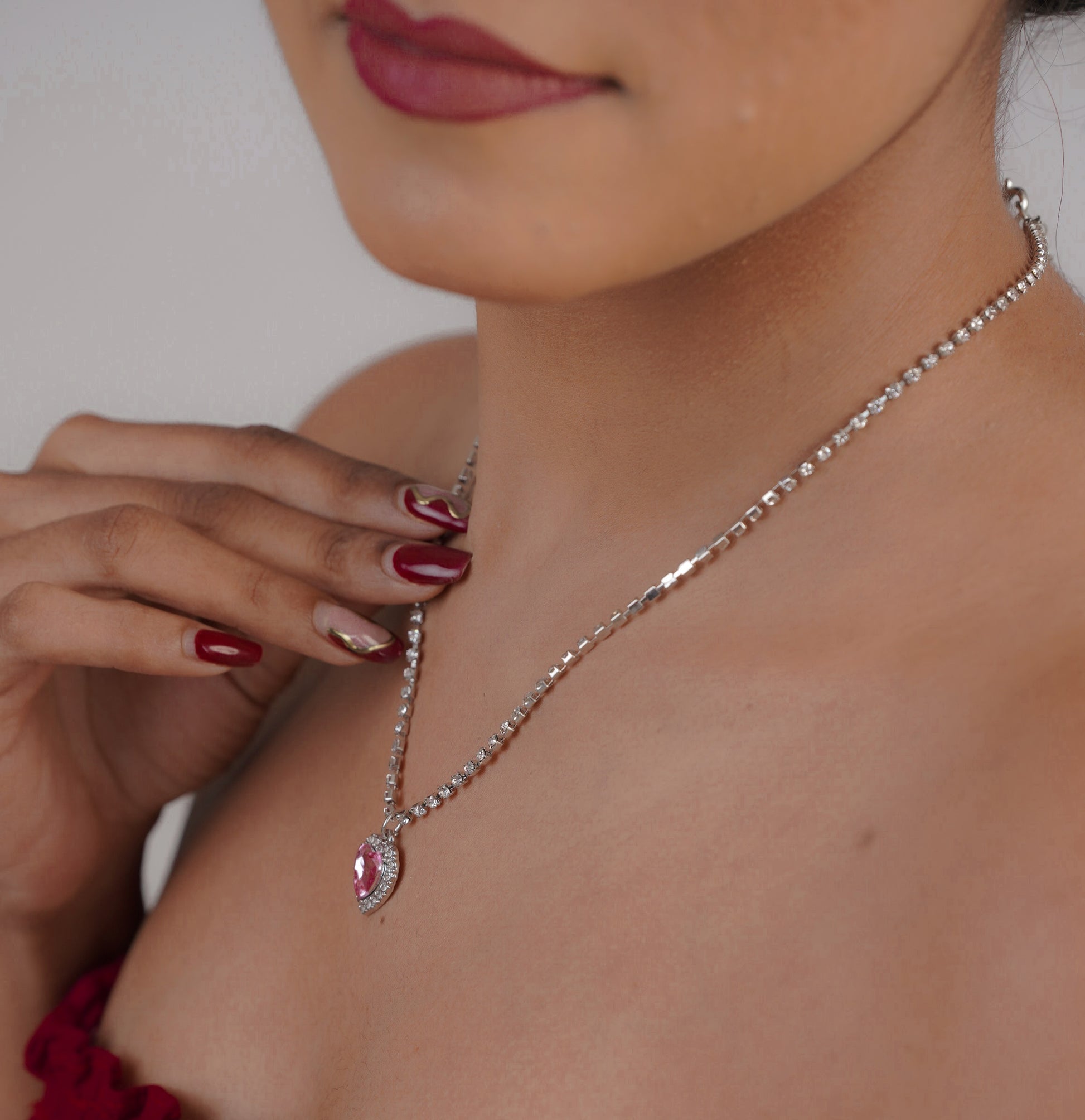 Close-up of pink crystal pendant necklace – Sri Lanka jewellery