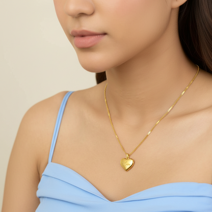 Engraved love heart necklace styled with blue top – Luxteno Sri Lanka