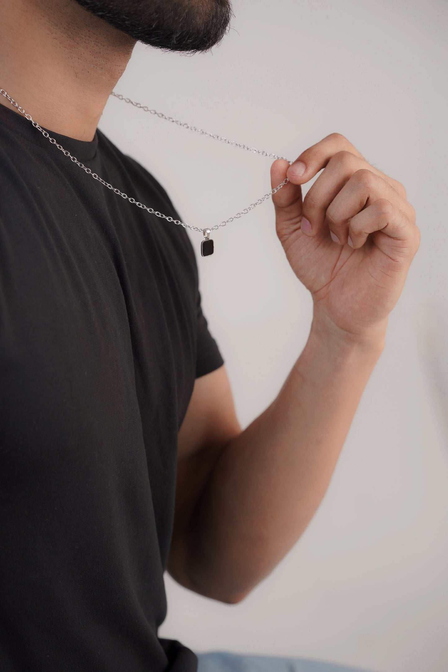 Side close up view of men's black pendant necklace – Luxteno Sri Lanka