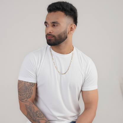 Front view of layered silver chain necklace on white t-shirt – Luxteno Sri Lanka