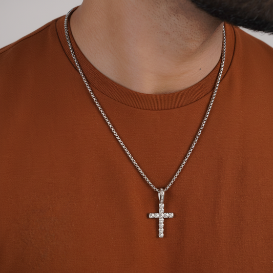 Close-up of crystal cross pendant on silver chain – Sri Lanka jewellery