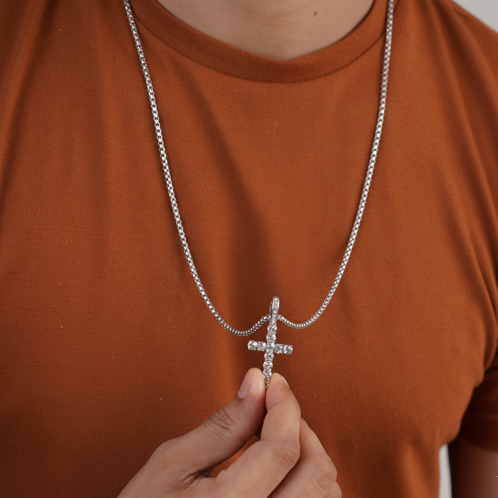 Long silver cross necklace styled with brown t-shirt – Luxteno Sri Lanka