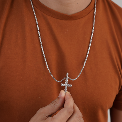 Long silver cross necklace styled with brown t-shirt – Luxteno Sri Lanka