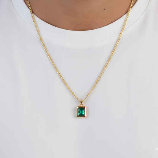 Close-up of gold square pendant necklace with green stone – Sri Lanka jewellery