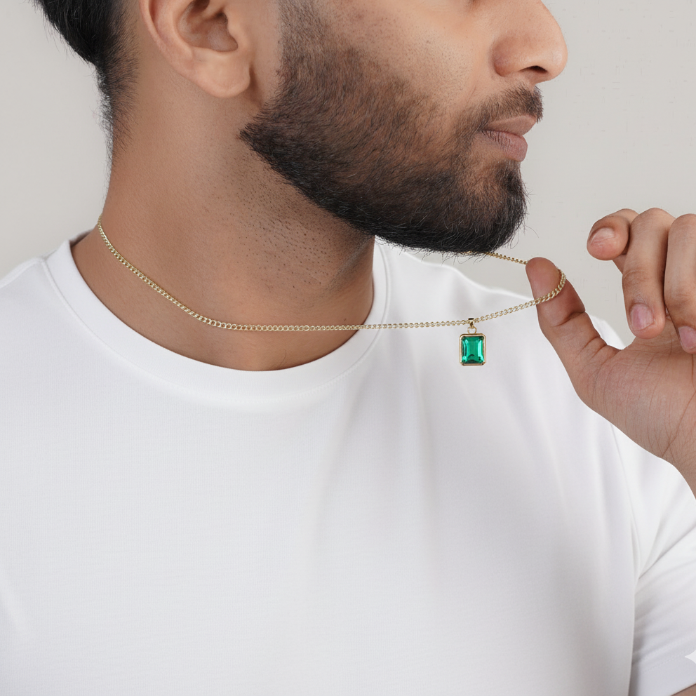 Men's gold square pendant necklace styled with white t-shirt – Luxteno Sri Lanka