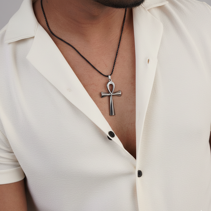 Man wearing men's matte black cross necklace – Luxteno Sri Lanka