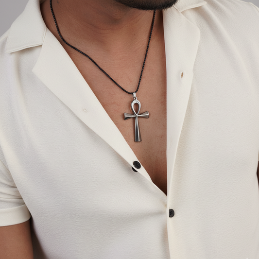 Man wearing men's matte black cross necklace – Luxteno Sri Lanka
