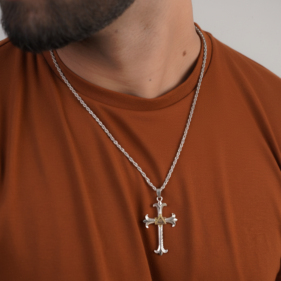 Close-up of silver crucifix cross pendant necklace for men – Sri Lanka jewellery