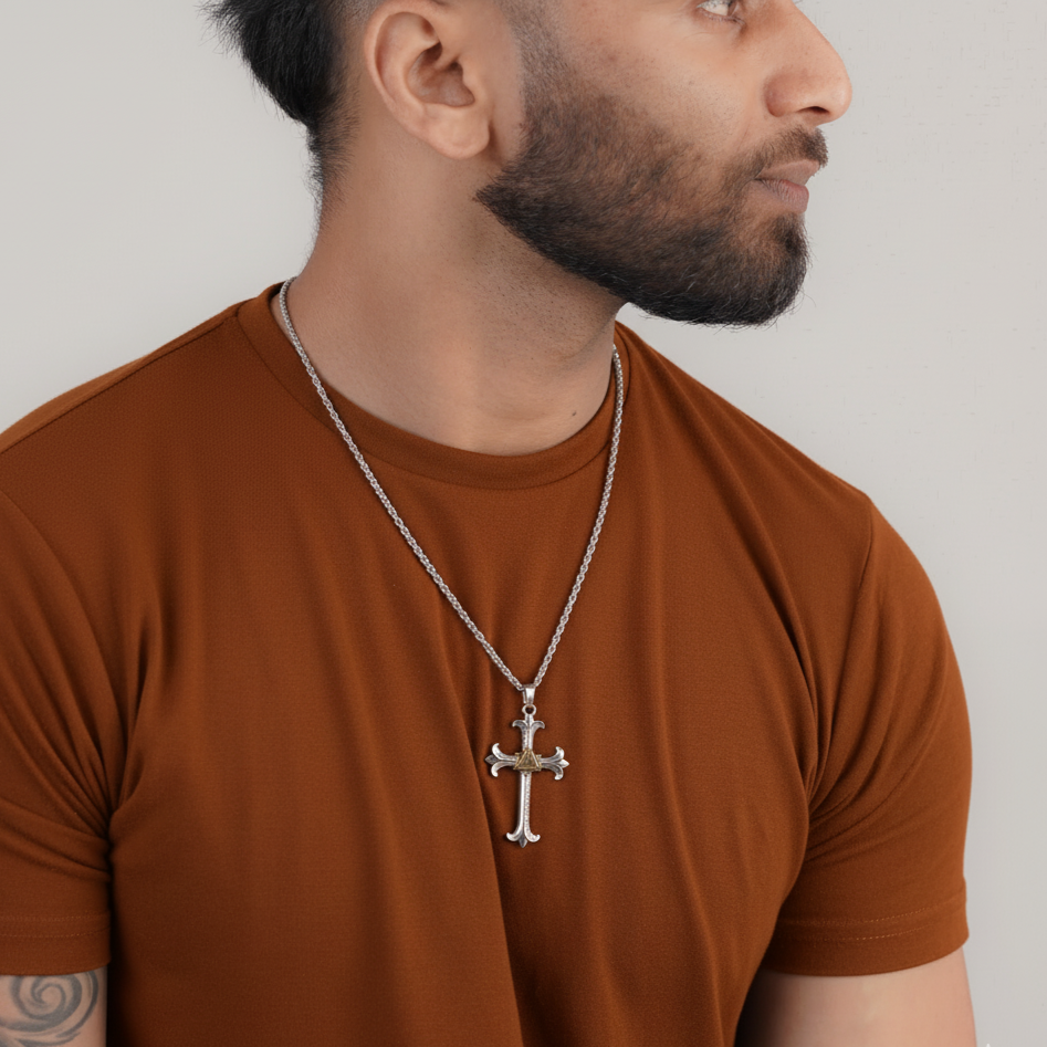 Men's silver crucifix cross necklace with brown t-shirt – Luxteno Sri Lanka