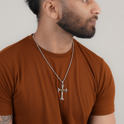 Men's silver crucifix cross necklace with brown t-shirt – Luxteno Sri Lanka