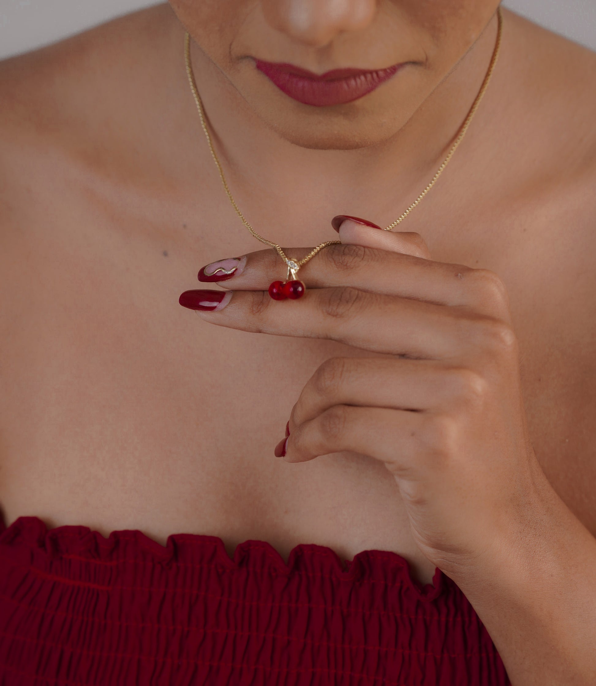 Red cherry heart necklace with red dress – Luxteno Sri Lanka