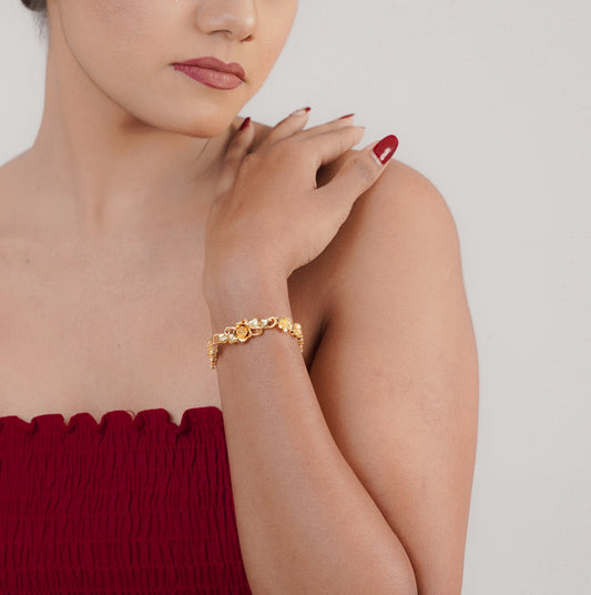 Close-up of rose gold leaf chain bracelet on wrist – Sri Lanka jewellery