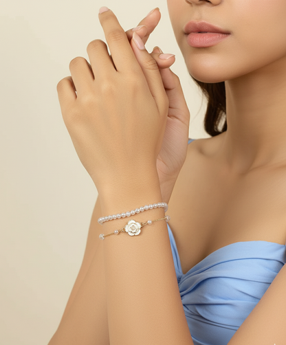 Trendy silver pearl bracelet on woman's wrist – Luxteno Sri Lanka